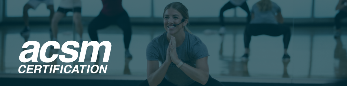 woman teaching a group fitness class, blue background, ACSM Certification logo
