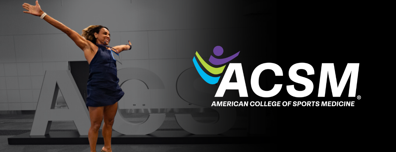 woman jumping in front of ACSM stand up letter, fading into the new ACSM logo