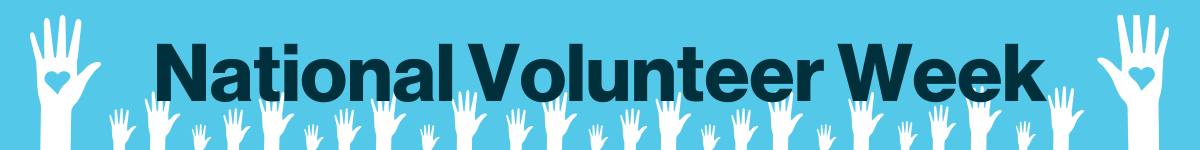white illustrated hands raised against a light blue background with "national volunteer week" in dark blue